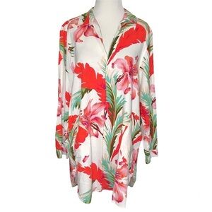 For Cynthia Linen Blend Floral Tunic Dress with Pockets Size L Large